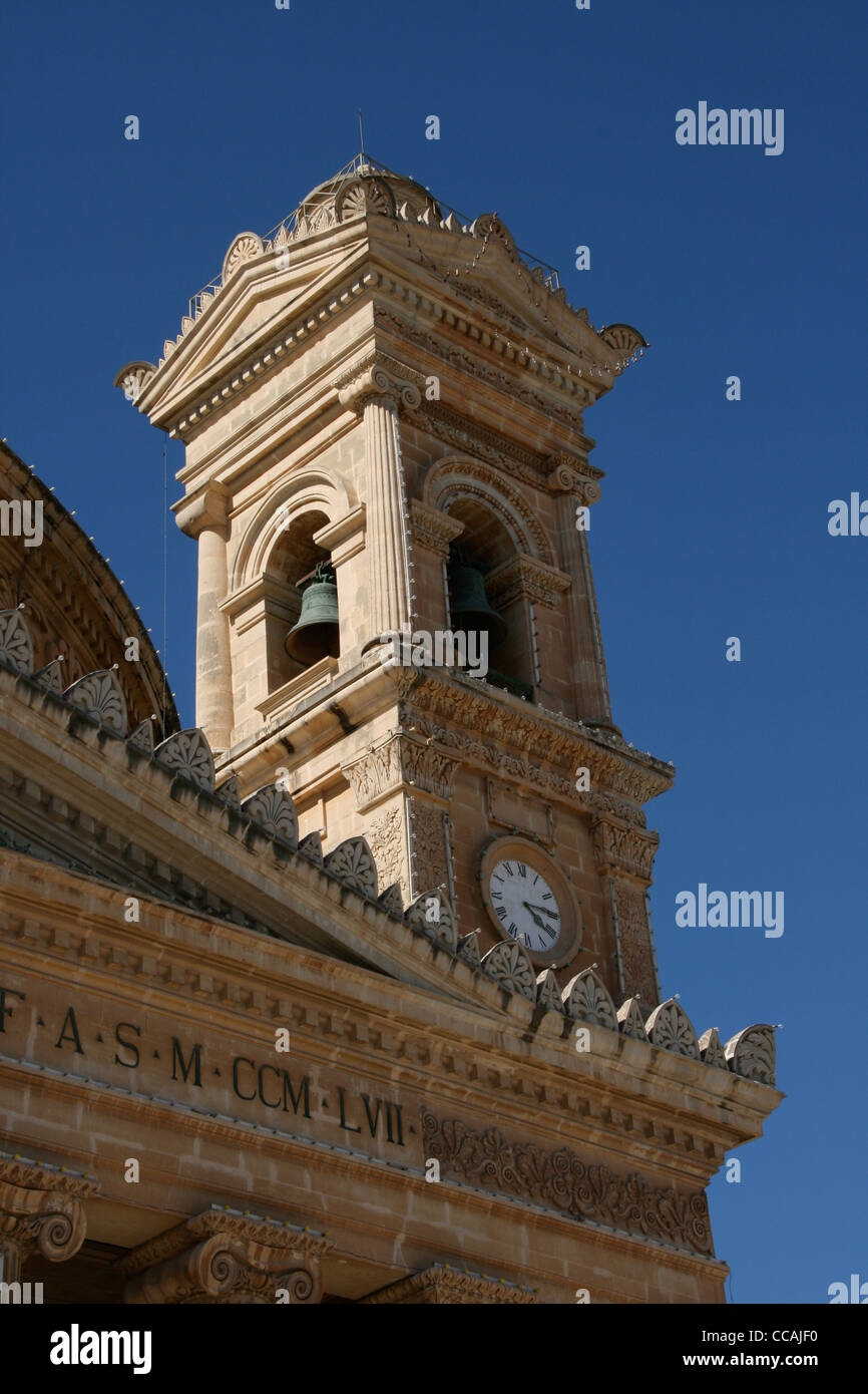 Clock tower on the front of the Mosta Dome in Malta Stock Photo Alamy