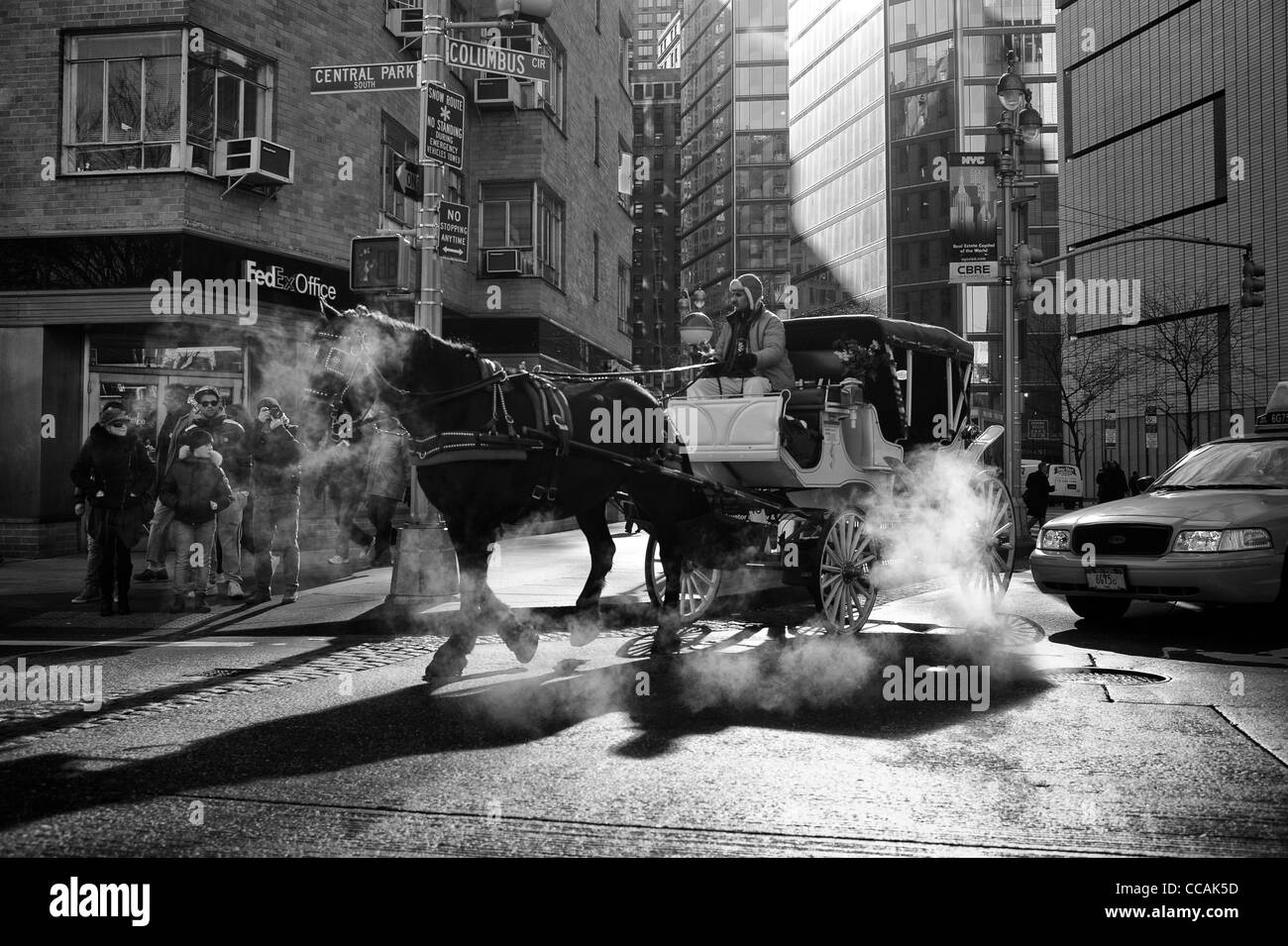 A horse and Carriage seen going through a steam cloud on 59th Street in New York City, USA. Stock Photo