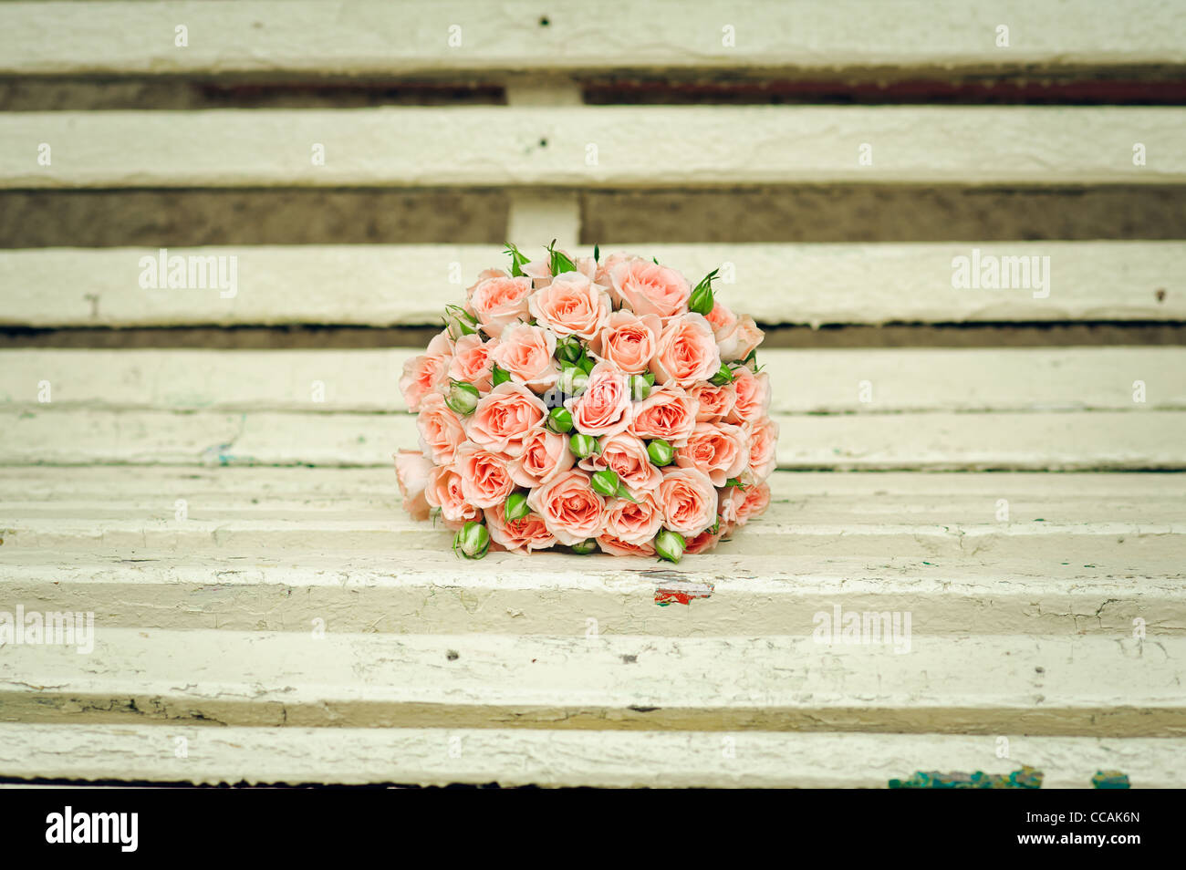 beautiful bouquet of roses lie on a bench Stock Photo