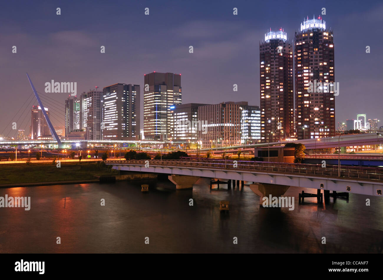 modern buildings of Odaiba district in Tokyo Japan well illuminated by night Stock Photo