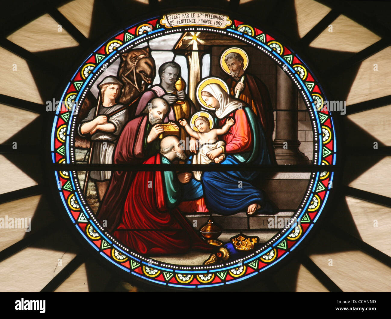 Nativity scene, stained glass, Church of St. Catherine, Bethlehem Stock