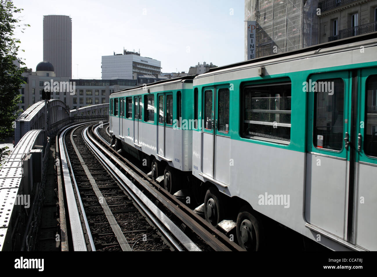 Metro train on Line 6 at Sevres Lecourbe station, Paris. Note rubber