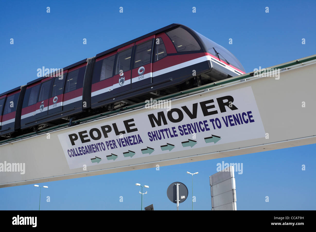 A train on the 'People Mover' elevated railway in Venice which runs between the port and the Piazzale Roma. Stock Photo
