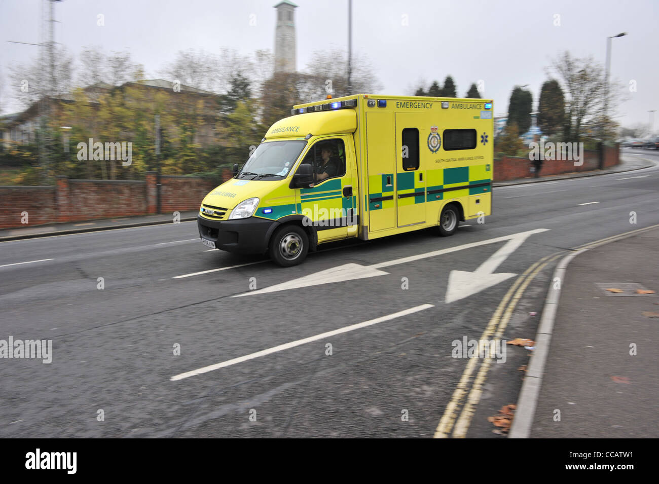 Ambulance with lights flashing on the way to an emergency call in