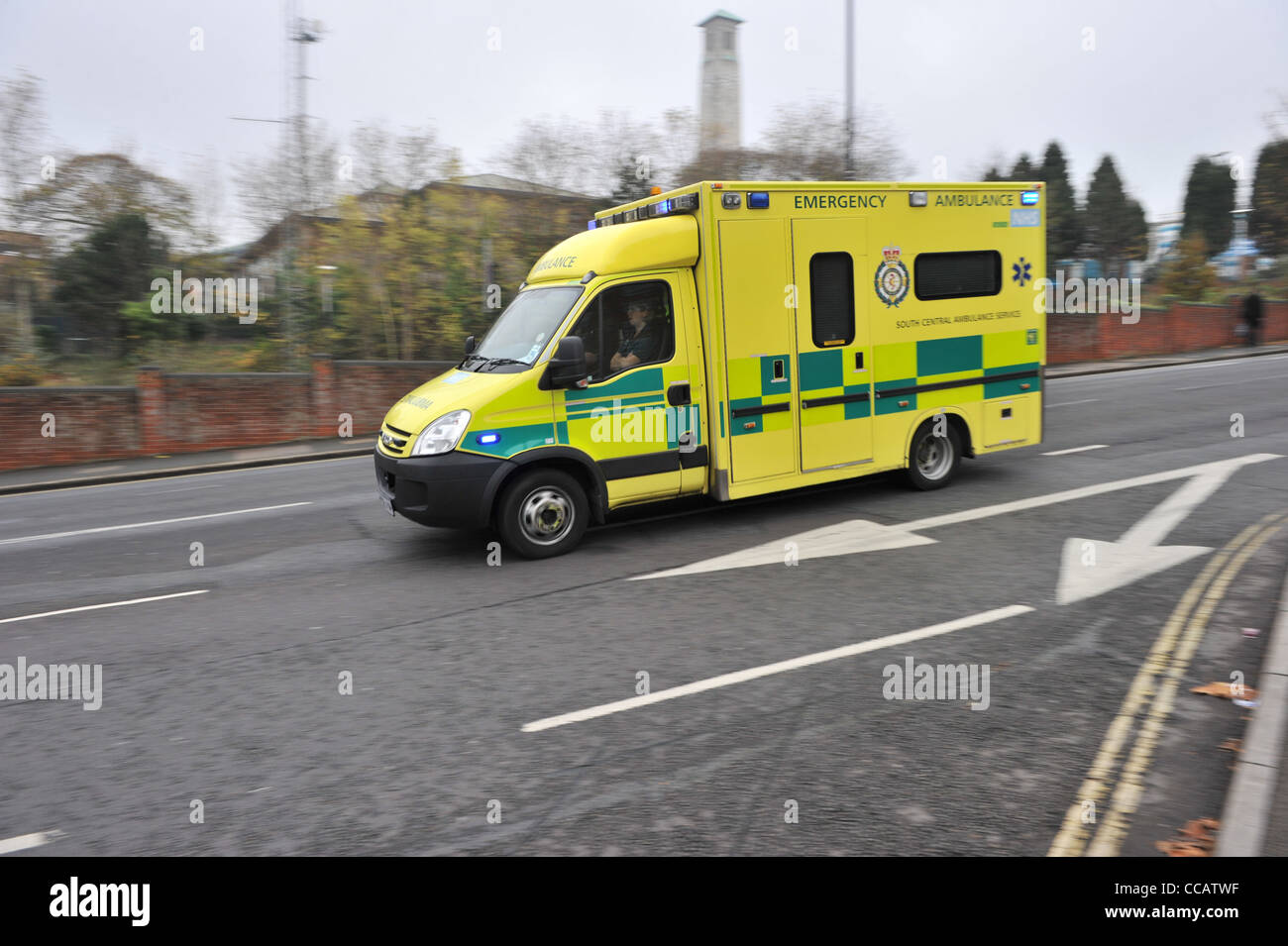 Ambulance with lights flashing on the way to an emergency call in