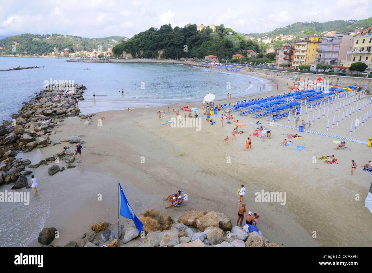 beach, sunbathers, beach chairs, Lerici, Liguria, Italy Stock Photo