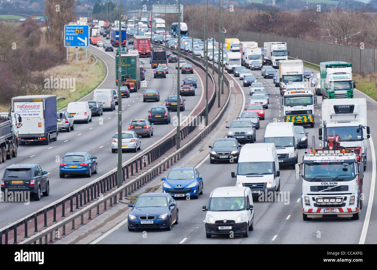 Traffic on motorway uk Motorway Traffic Jam on the M1 motorway near junction 25 Nottingham England gb uk europe Stock Photo