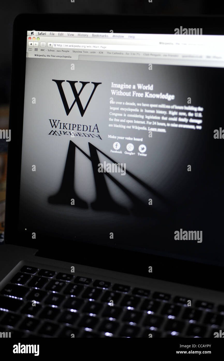 Computer screen showing the website for free online encyclopedia, Wikipedia on the day of a black out. Stock Photo