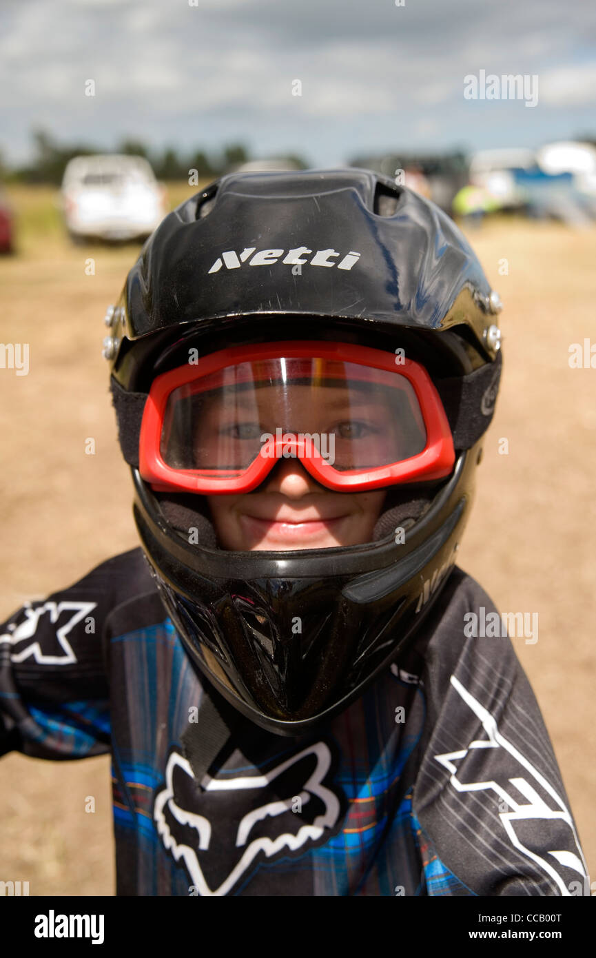 Young boy motorcycle helmet Stock Photo