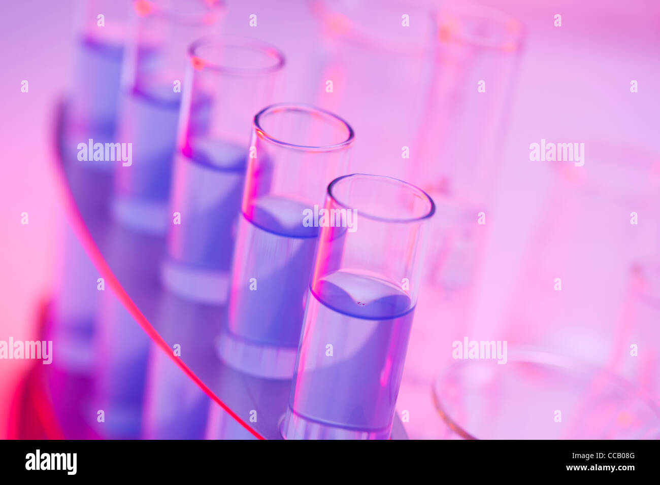 Test tubes in a rack and flasks Stock Photo