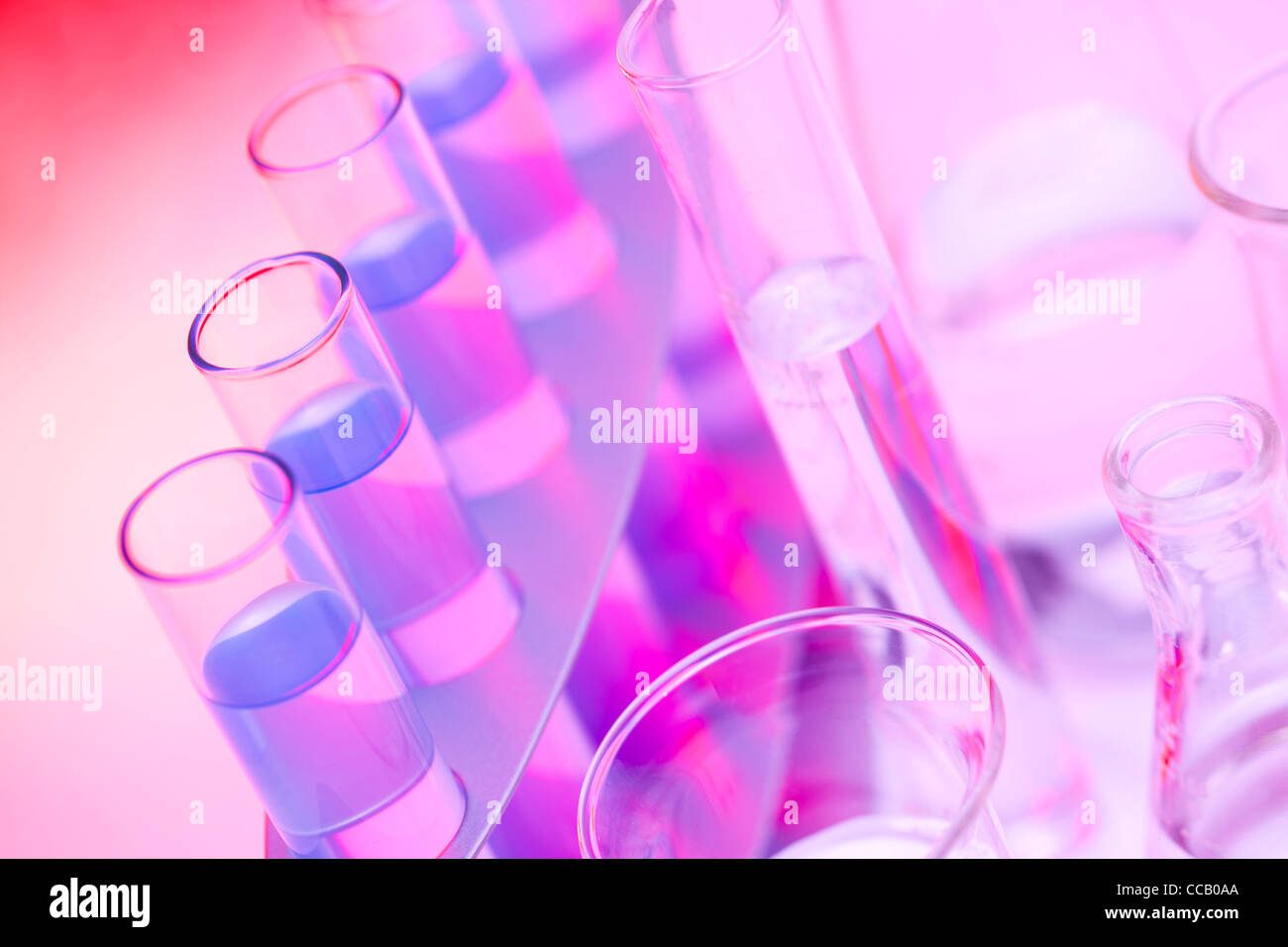 Test tubes in a rack and flasks Stock Photo