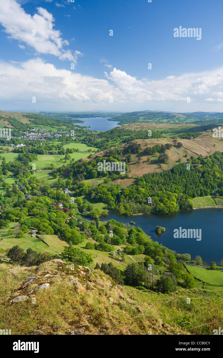 Rydal Water and Windermere in the Distance from Nab Scar. Lake District National Park. Cumbria. England. UK. Stock Photo