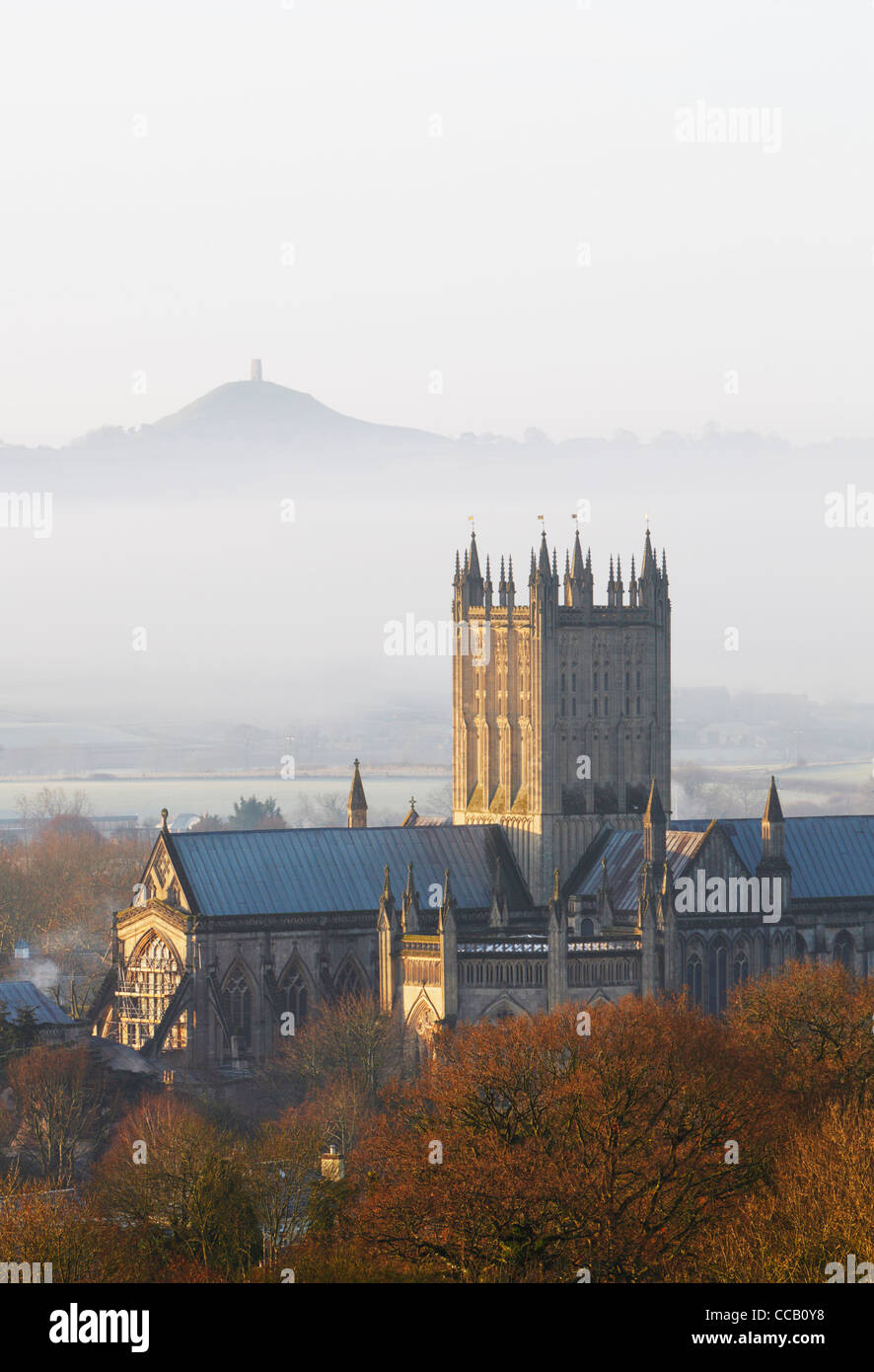 Wells Cathedral with Glastonbury Tor in the Distance. Winter. Somerset. England. UK. Stock Photo