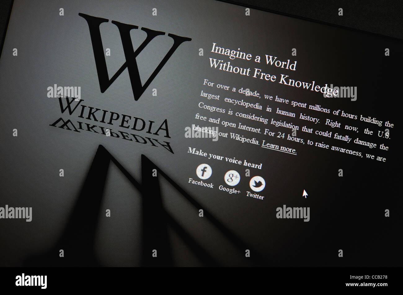 Wikipedia Shutdown, 18 Jan 2012. Stock Photo