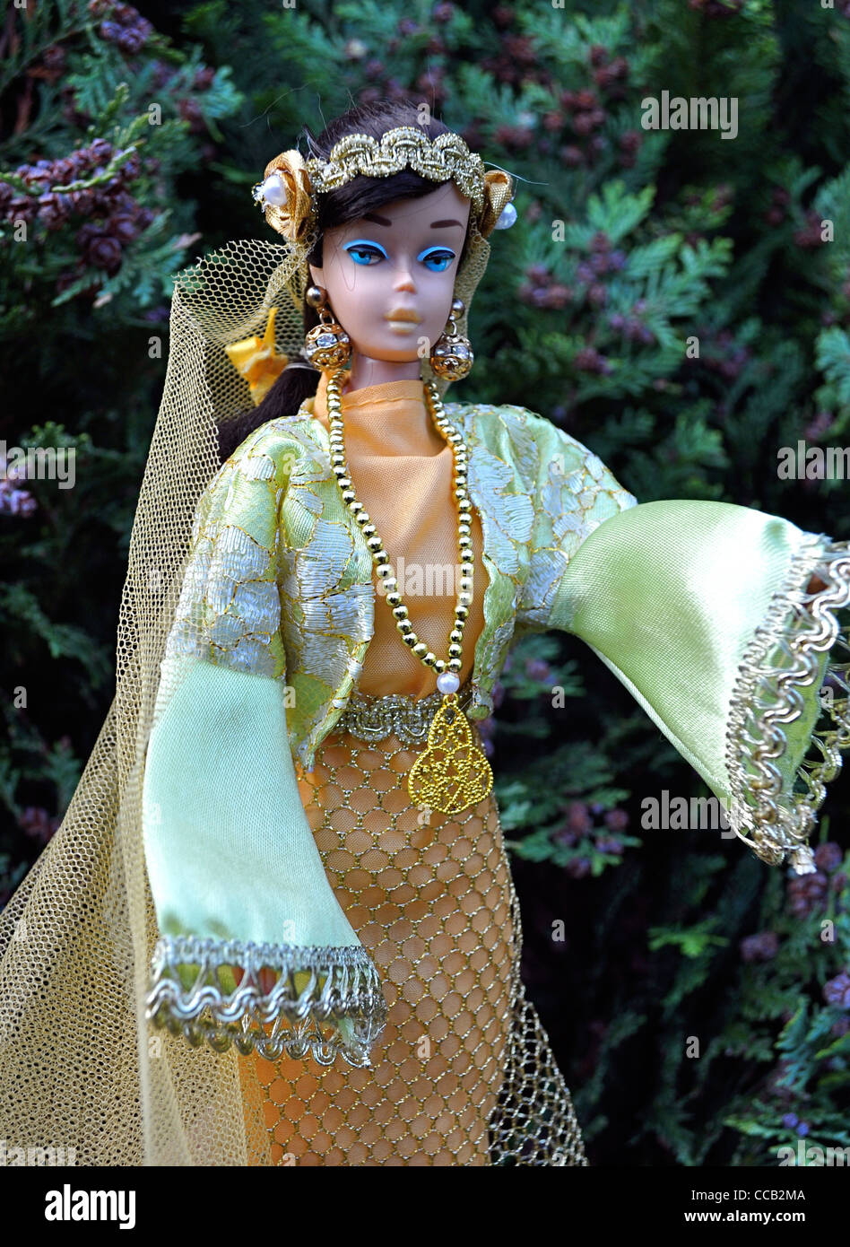 Vintage 1963 brunette swirl ponytail Barbie doll Syria costume, Syrian national costume, traditional Middle Eastern clothing. Stock Photo