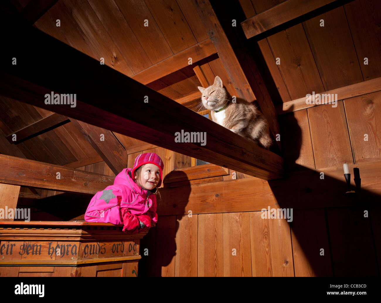 Young girl with cat inside old church at Arbaejarsafn, Folk Museum, Reykjavik, Iceland. Stock Photo
