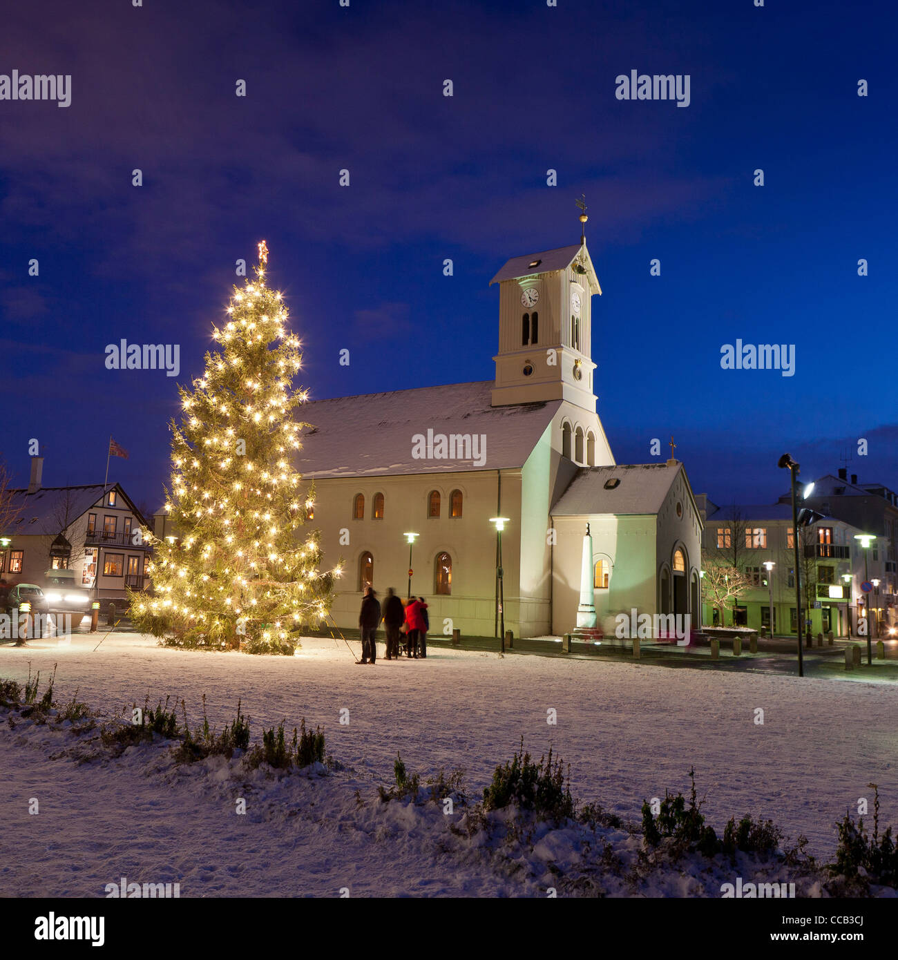 Christmas tree and Domkirkjan Church, Reykjavik, Iceland Stock Photo