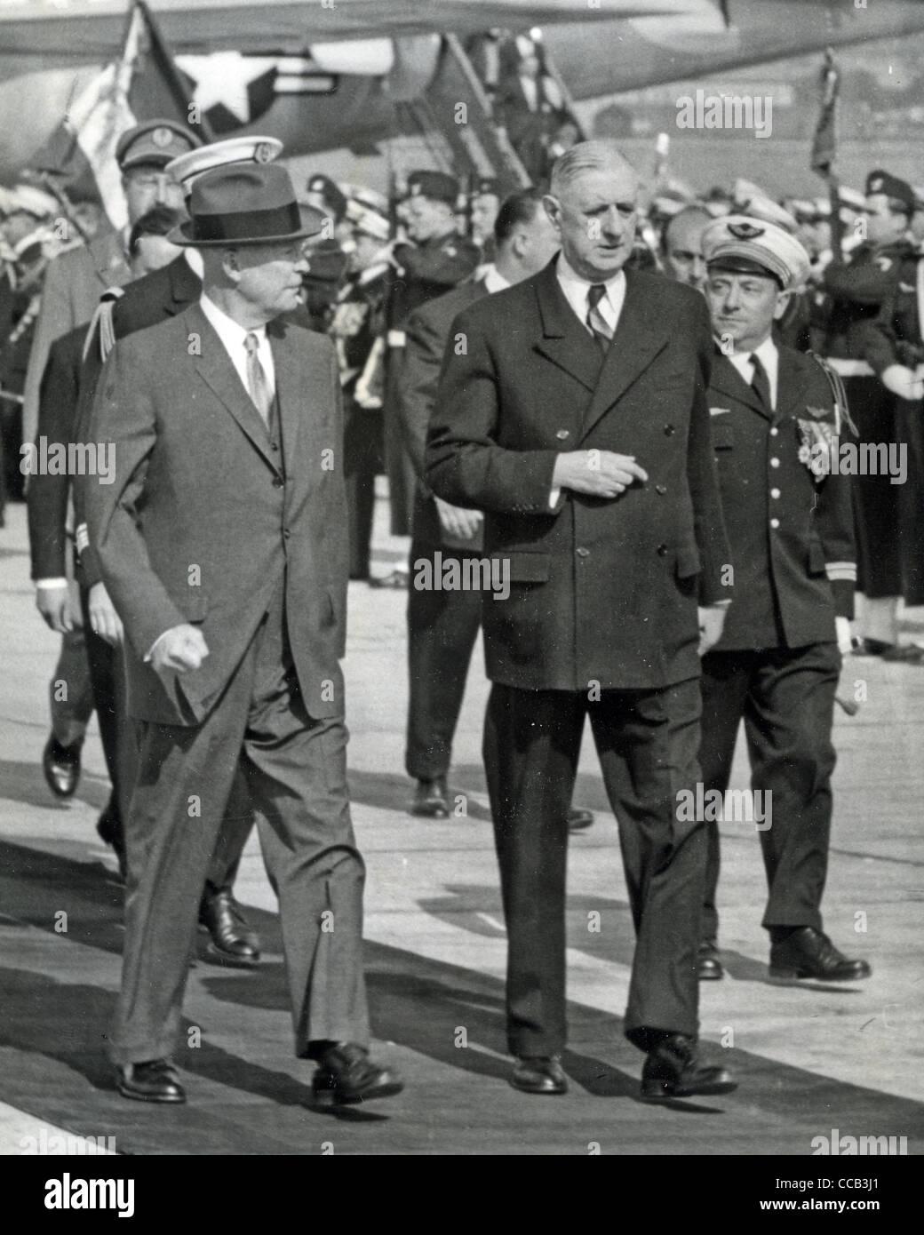 DWIGHT D. EISENHOWER  (at left) is met by President Charles de Gaulle on a visit  France about 1960 Stock Photo