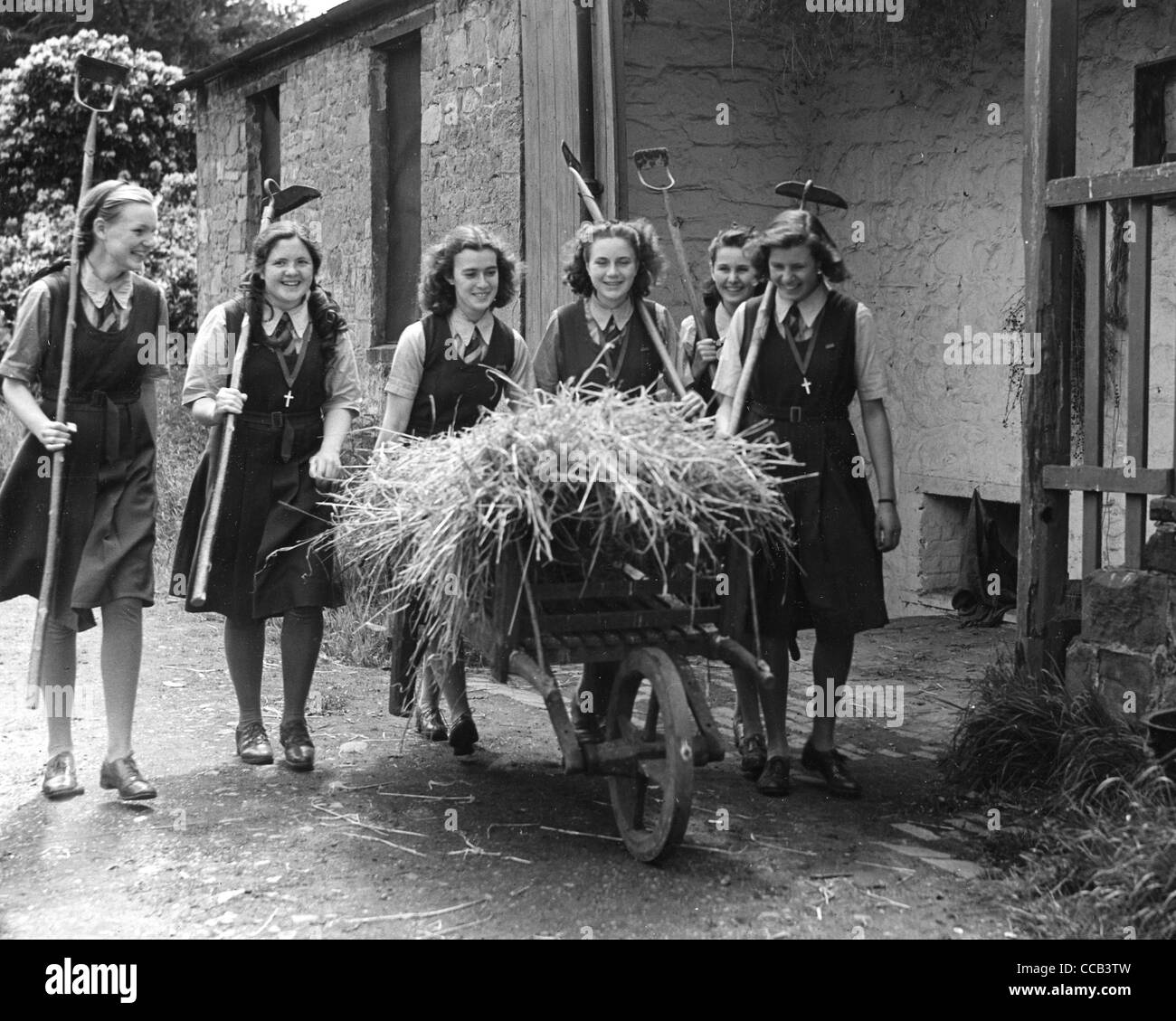 ELIZABETH DE GAULLE (pushing cart) daughter of Free French leader Charles de Gaulle at Our Lady of Sion, Worthing, June, 1941 Stock Photo