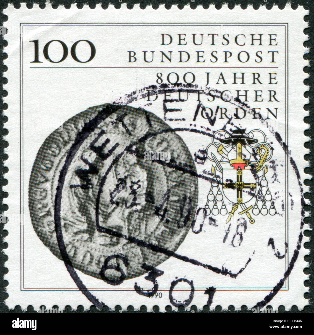 GERMANY - CIRCA 1990: A stamp printed in Germany, shows a seal (1400) and the heraldic emblem of the Teutonic Order, circa 1990 Stock Photo