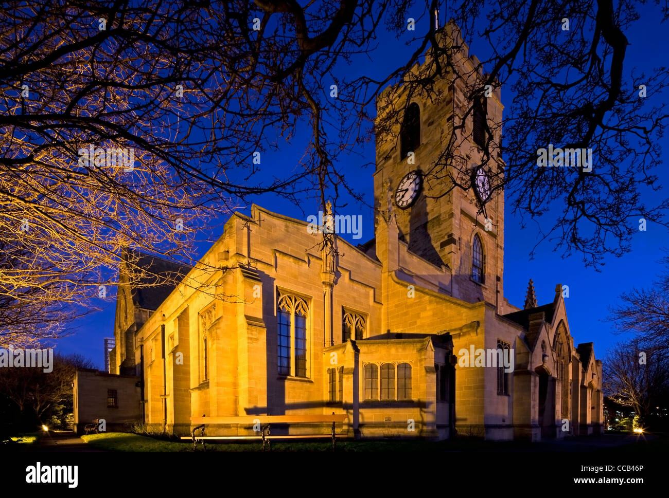 Sunderland Minster illuminated at dusk, Sunderland, Tyne and Wear Stock Photo