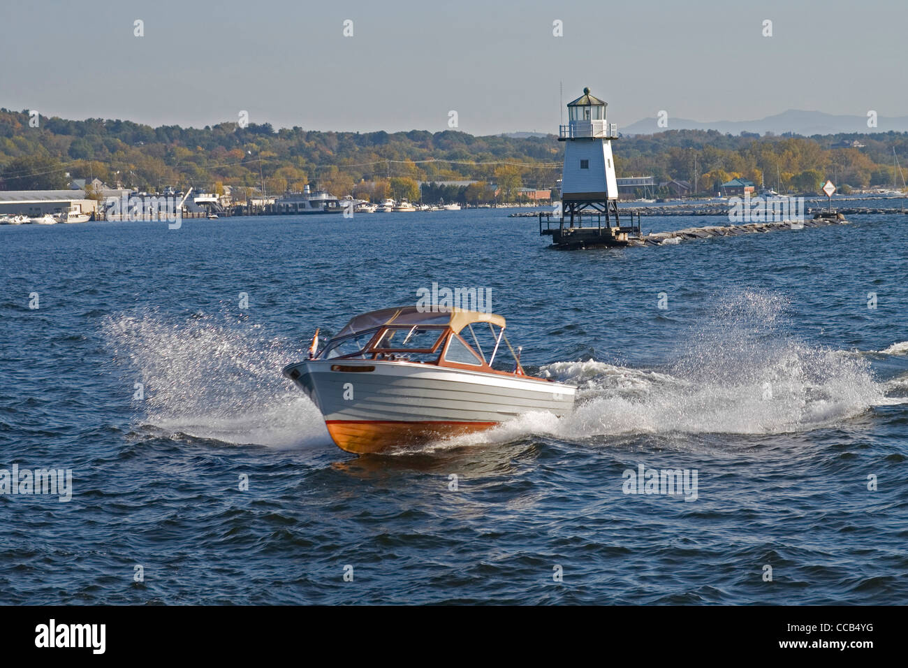Burlington Vermont waterfront boats marina Lake Champlain fall foliage New England USA Stock