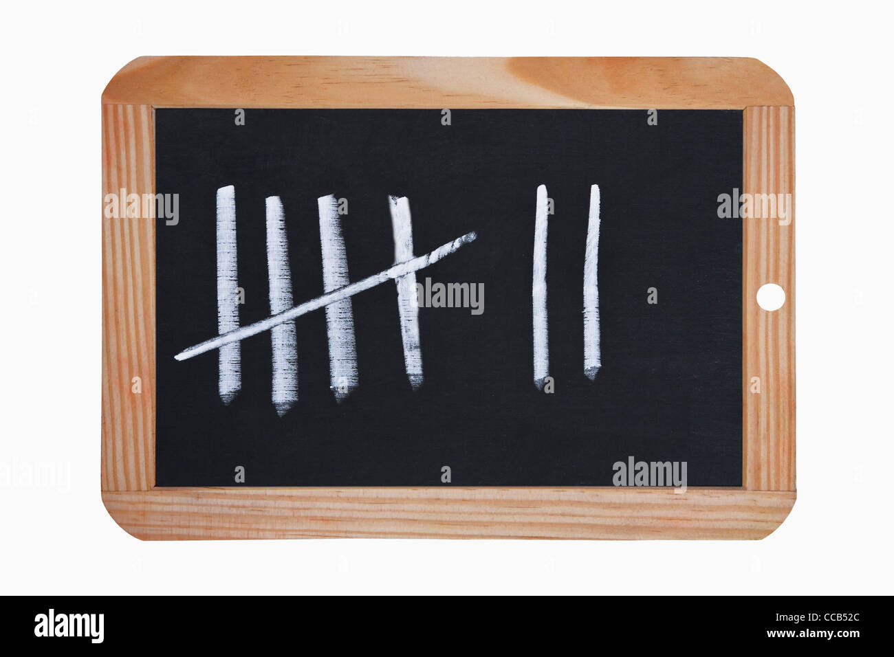 Detailansicht einer Schiefertafel mit sieben Strichen | Detail photo of a chalkboard  with seven lines Stock Photo
