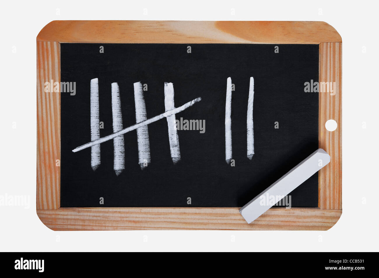 Detail photo of a chalkboard with seven lines, white chalk lies in a