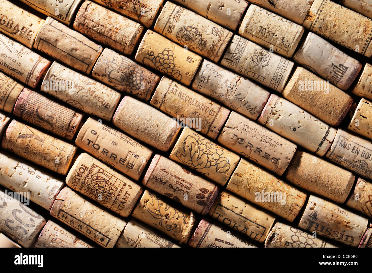 Natural cork wine bottle stoppers from around the world. Stock Photo