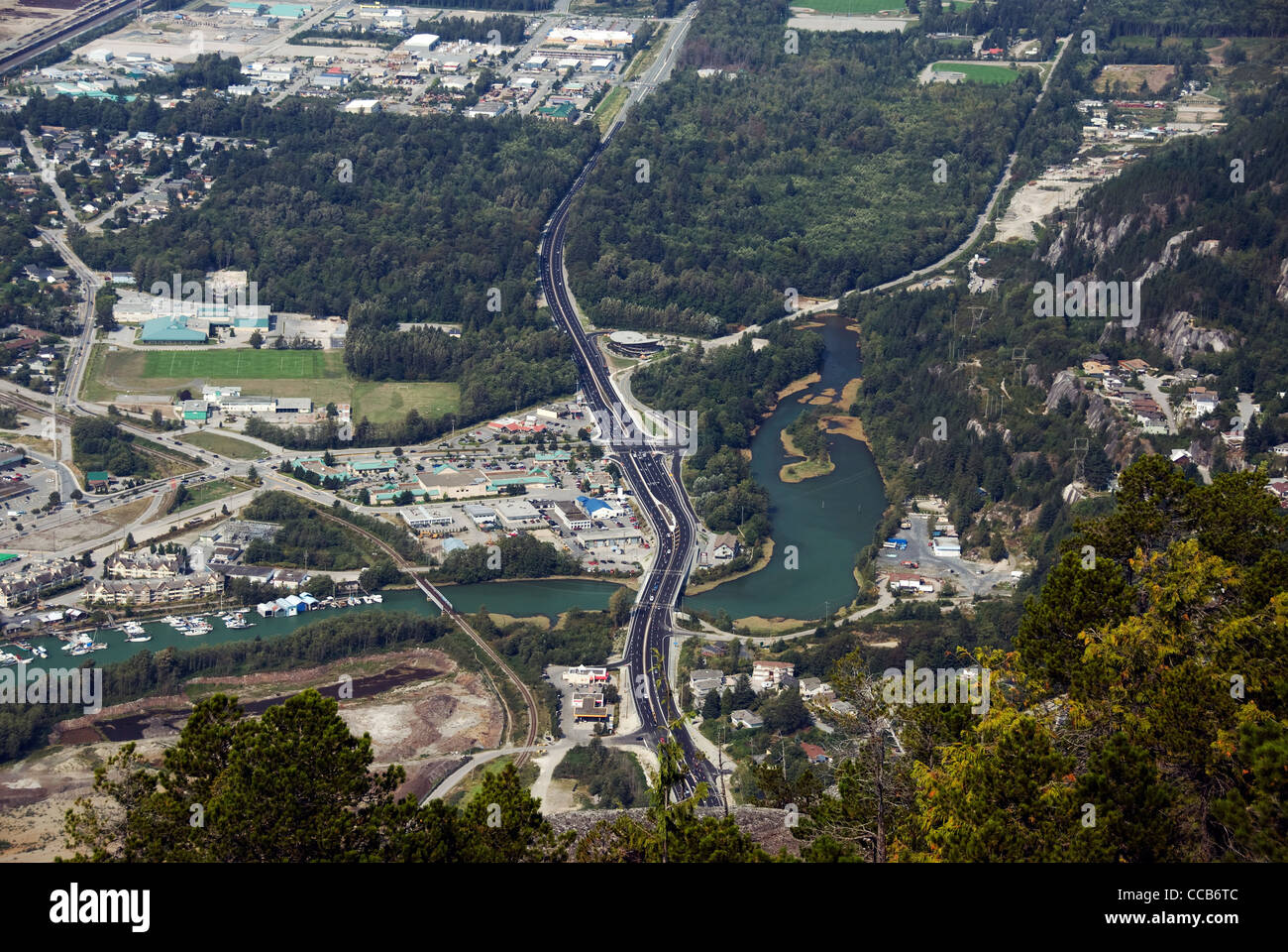 Aerial view of Squamish and Sea to Sky Highway Stock Photo