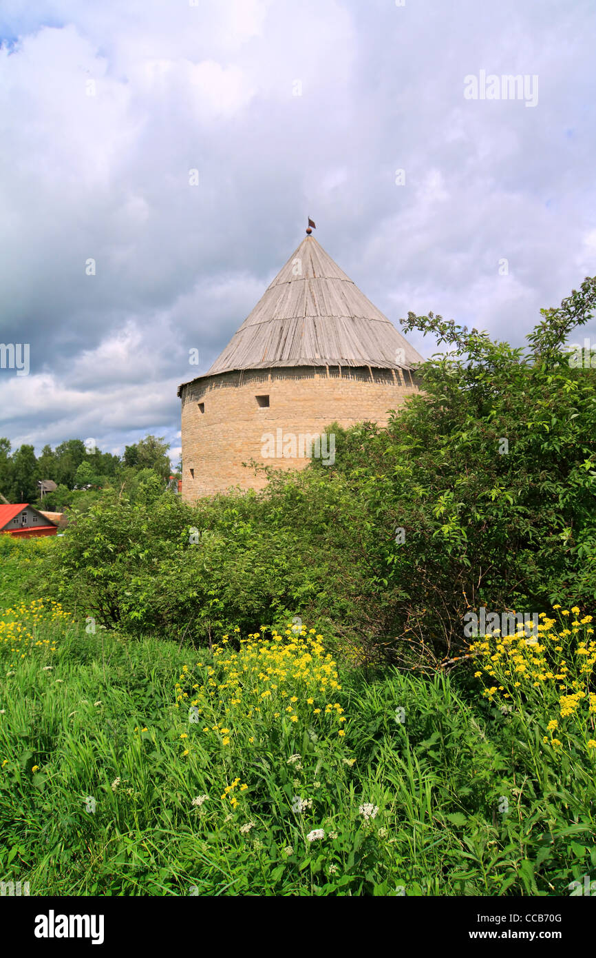 tower to old fortress amongst green tree Stock Photo