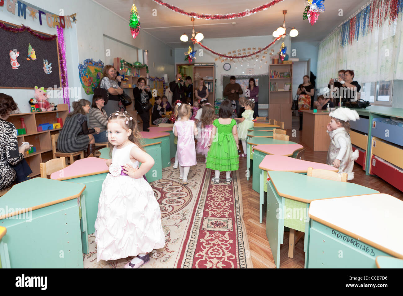 Reportage images from Russian children kindergarten. Kids and parents