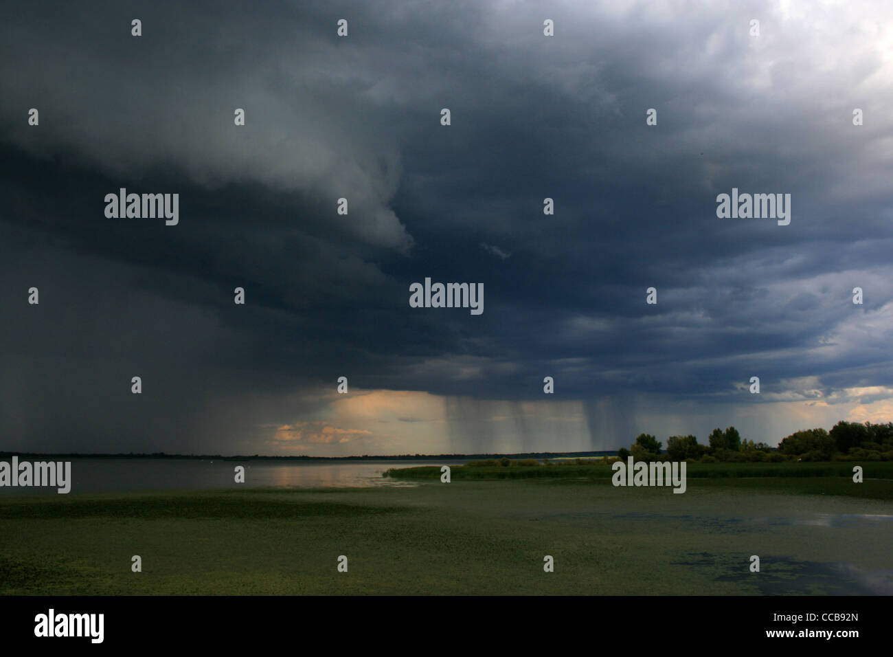 Rain and dark storm clouds over Tisza lake, Hortobagy National Park, Great Hungarian Lowland, Hungary Stock Photo