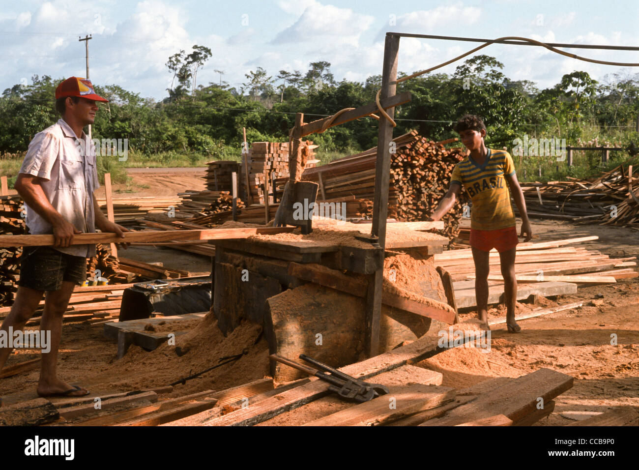 Para State, Brazil. Sawmill timber yard full of sawn timber; two men