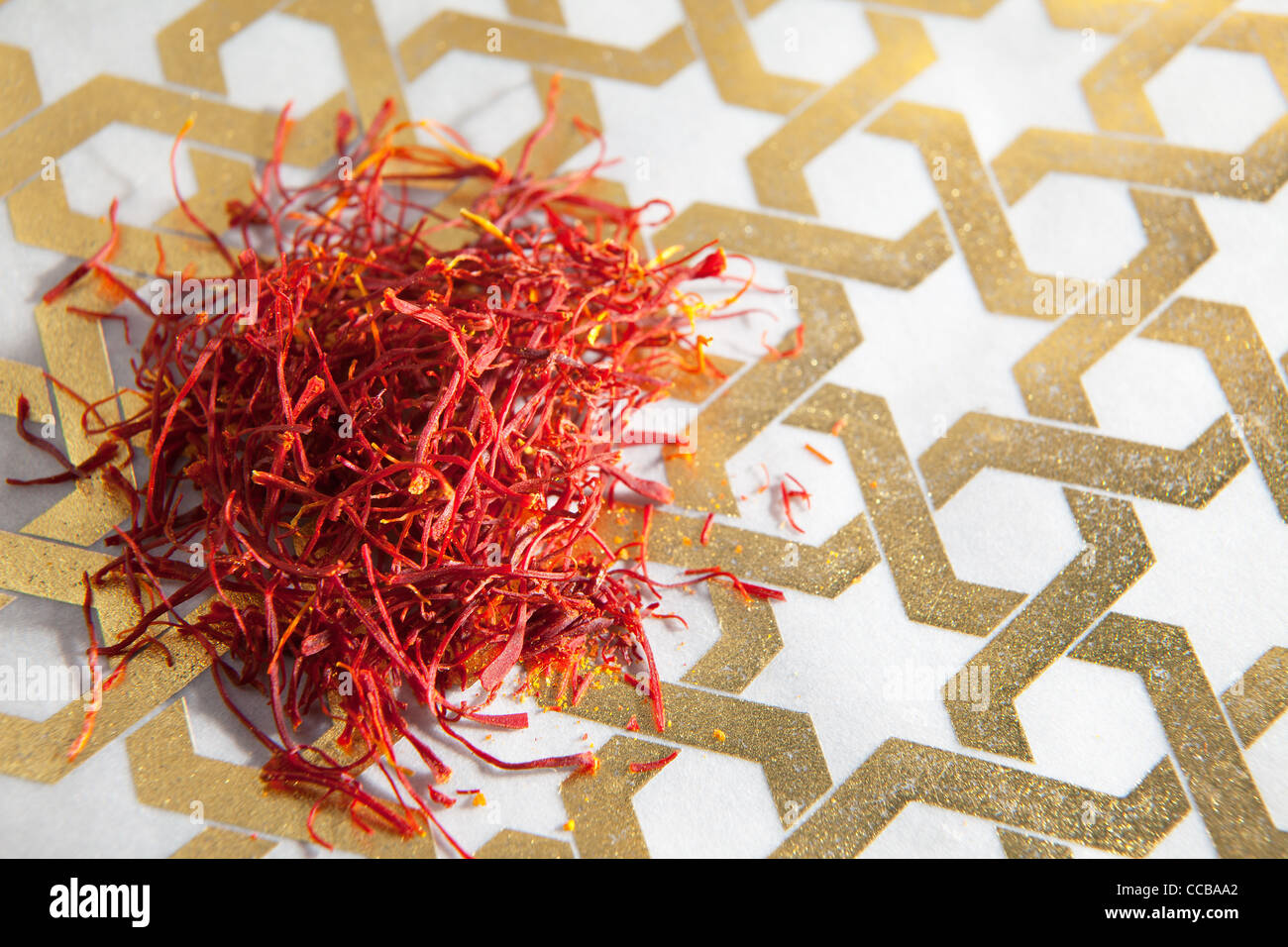 Saffron spice on gold leaf geometric pattern from Iran, Iranian Muslim