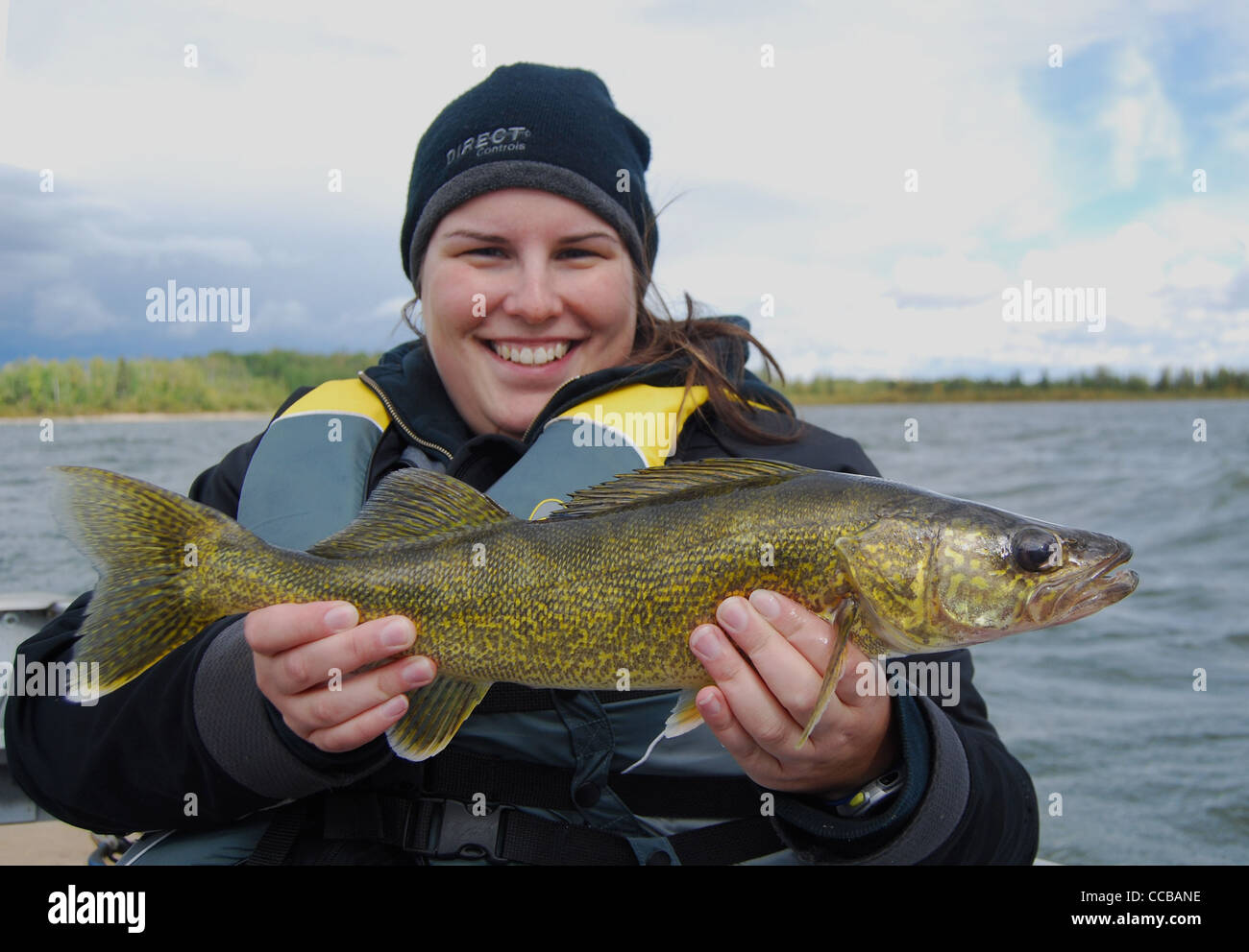 Lady angler with a Walleye,Lesser Slave Lake,Alberta Stock Photo