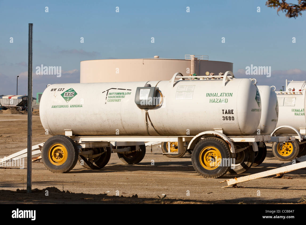 Anhydrous Ammonia in tanks for fertilizer use Stock Photo