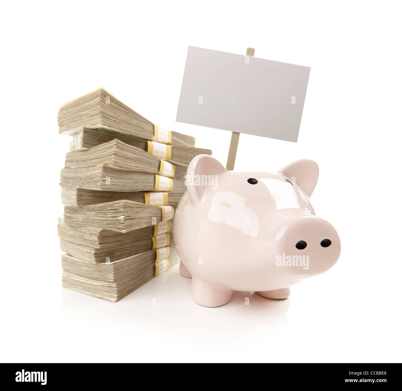 Pink Piggy Bank with Stacks of Hundreds of Dollars and Blank Sign Isolated on a White Background. Stock Photo