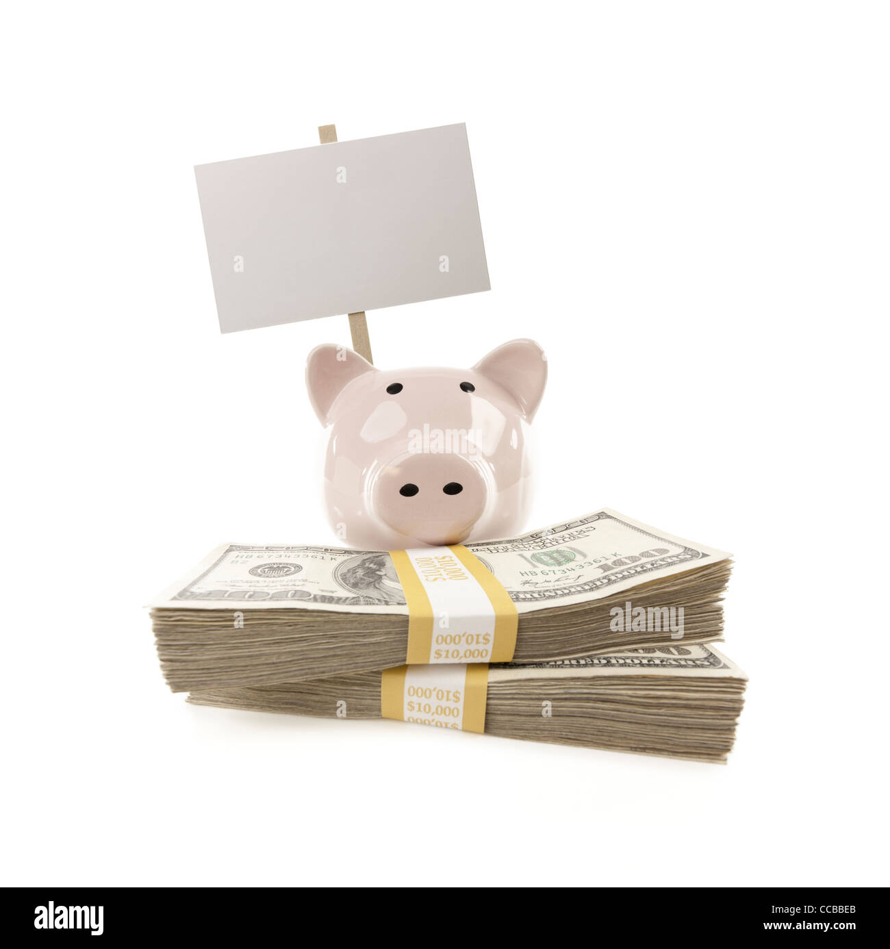 Pink Piggy Bank with Stacks of Hundreds of Dollars and Blank Sign Isolated on a White Background. Stock Photo