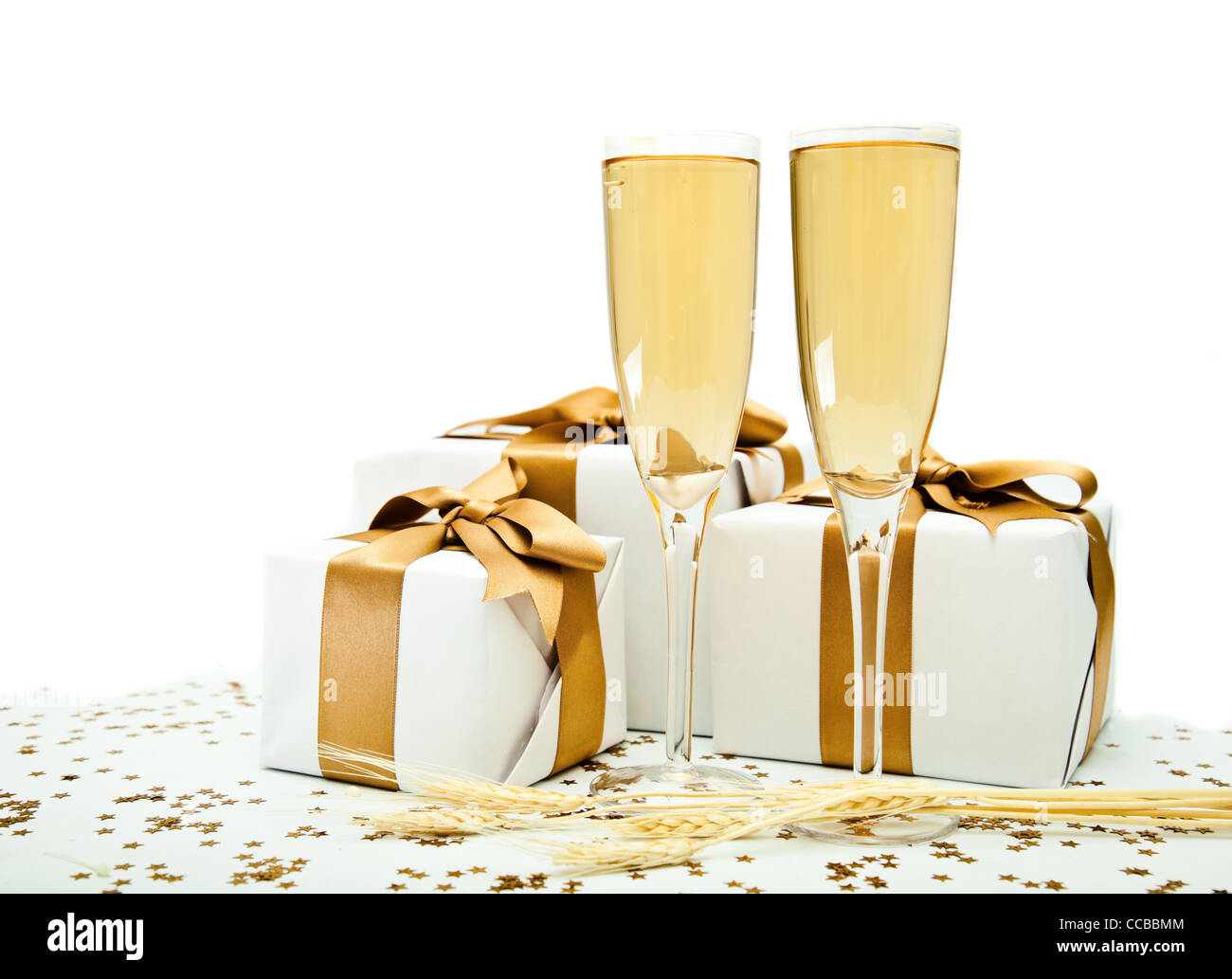 Presents with Champagne Cups Stock Photo Alamy