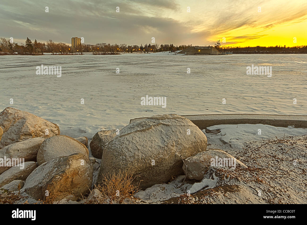Wascana lake frozen on a cold November day during winter in Regina, Canada. Stock Photo
