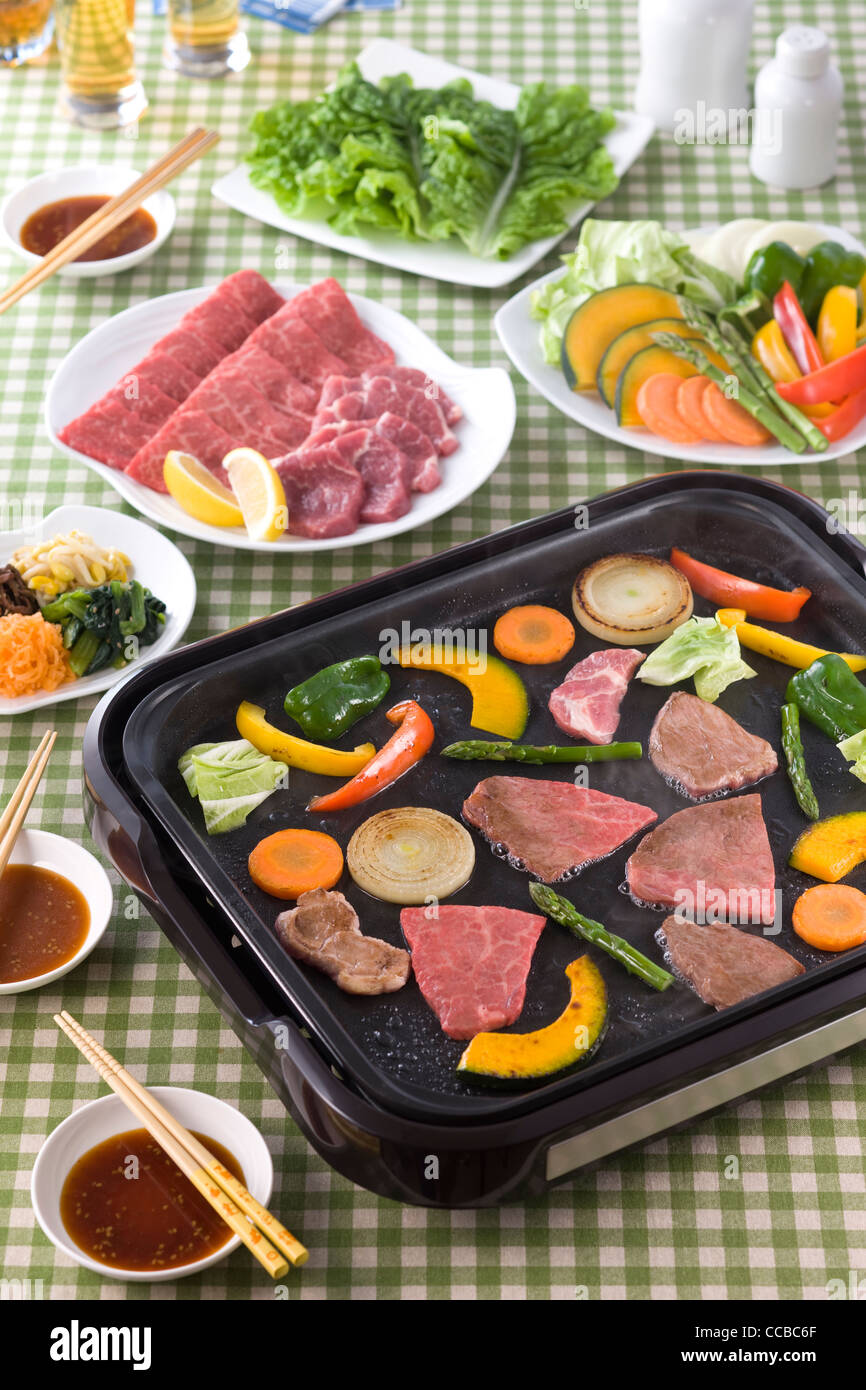 Grilled Beef on Hot Plate Stock Photo