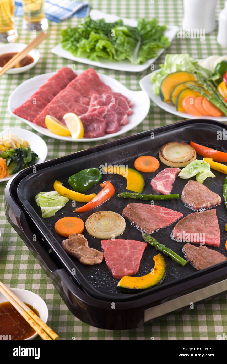 Grilled Beef on Hot Plate Stock Photo