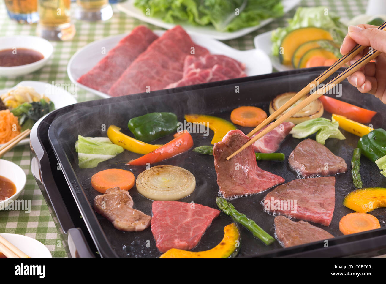 Grilled Beef on Hot Plate Stock Photo