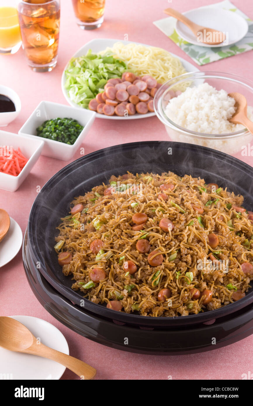 Sobameshi on Hot Plate Stock Photo