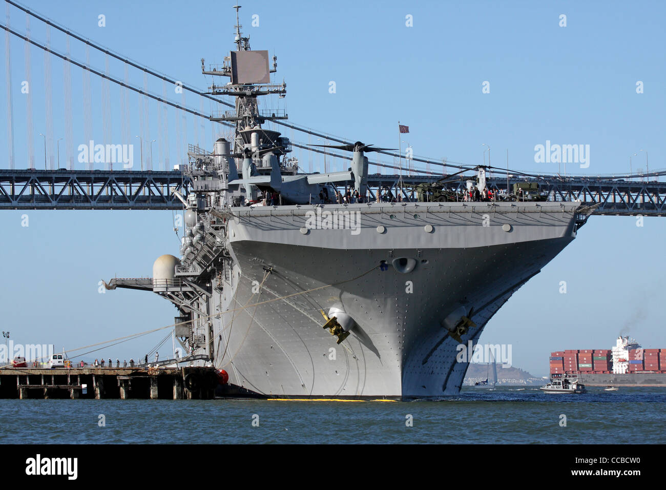 Wasp Class Amphibious Assault Ship USS Bonhomme Richard (LHD-6) docked along the San Francisco waterfront. Stock Photo
