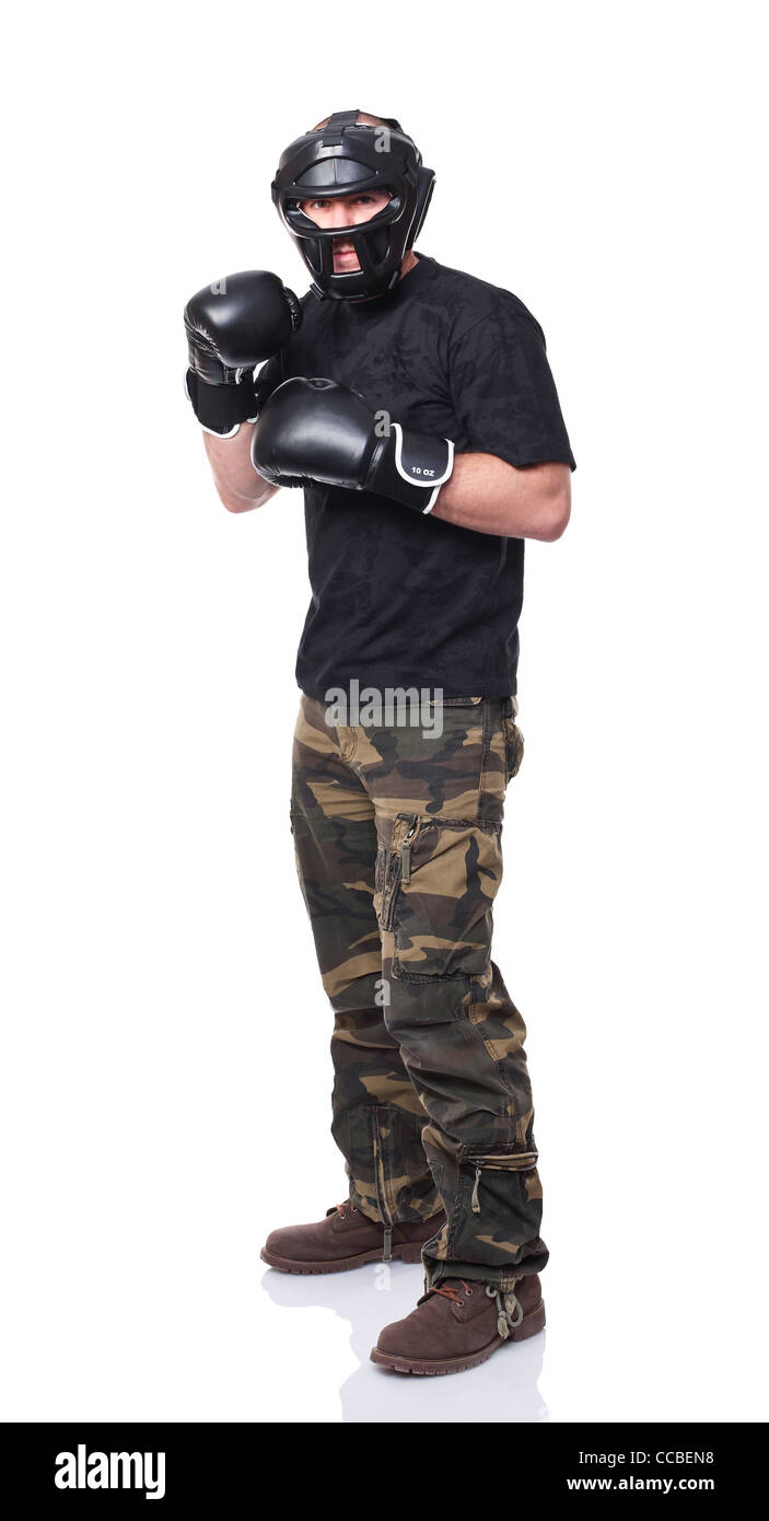 standing fighter with protection on white Stock Photo