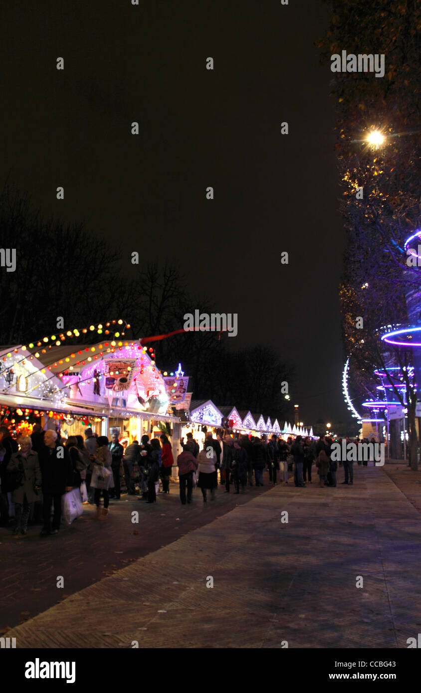 Christmas Market by night, Champs Elysees, Paris, France Stock Photo