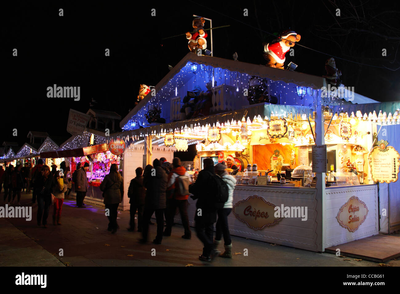 Christmas Market by night, Champs Elysees, Paris, France Stock Photo