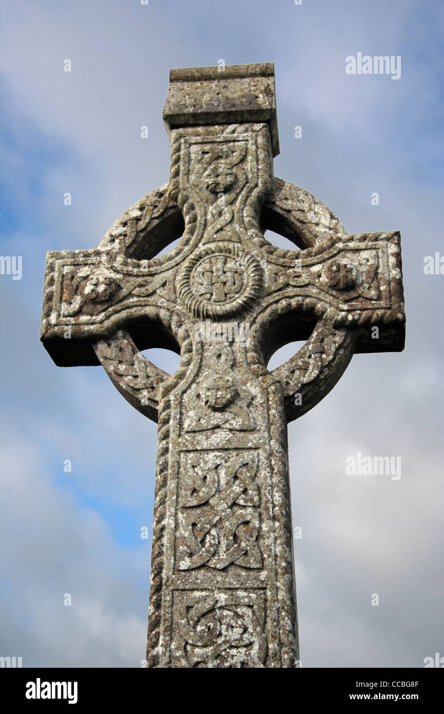 Elaborately carved Celtic cross at Clonmacnoise in County Offaly, Ireland Stock Photo